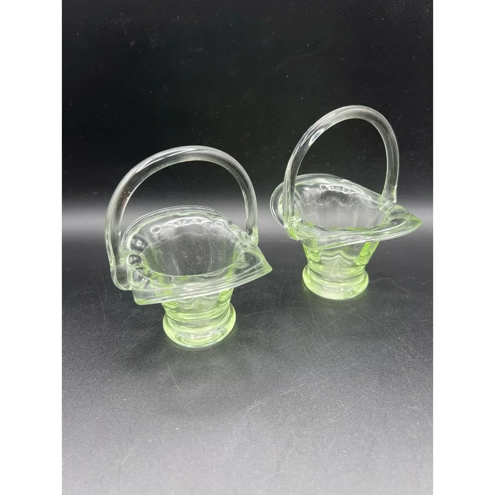 Lot Of 2 Vintage Green Small Glass Basket Candy Dish